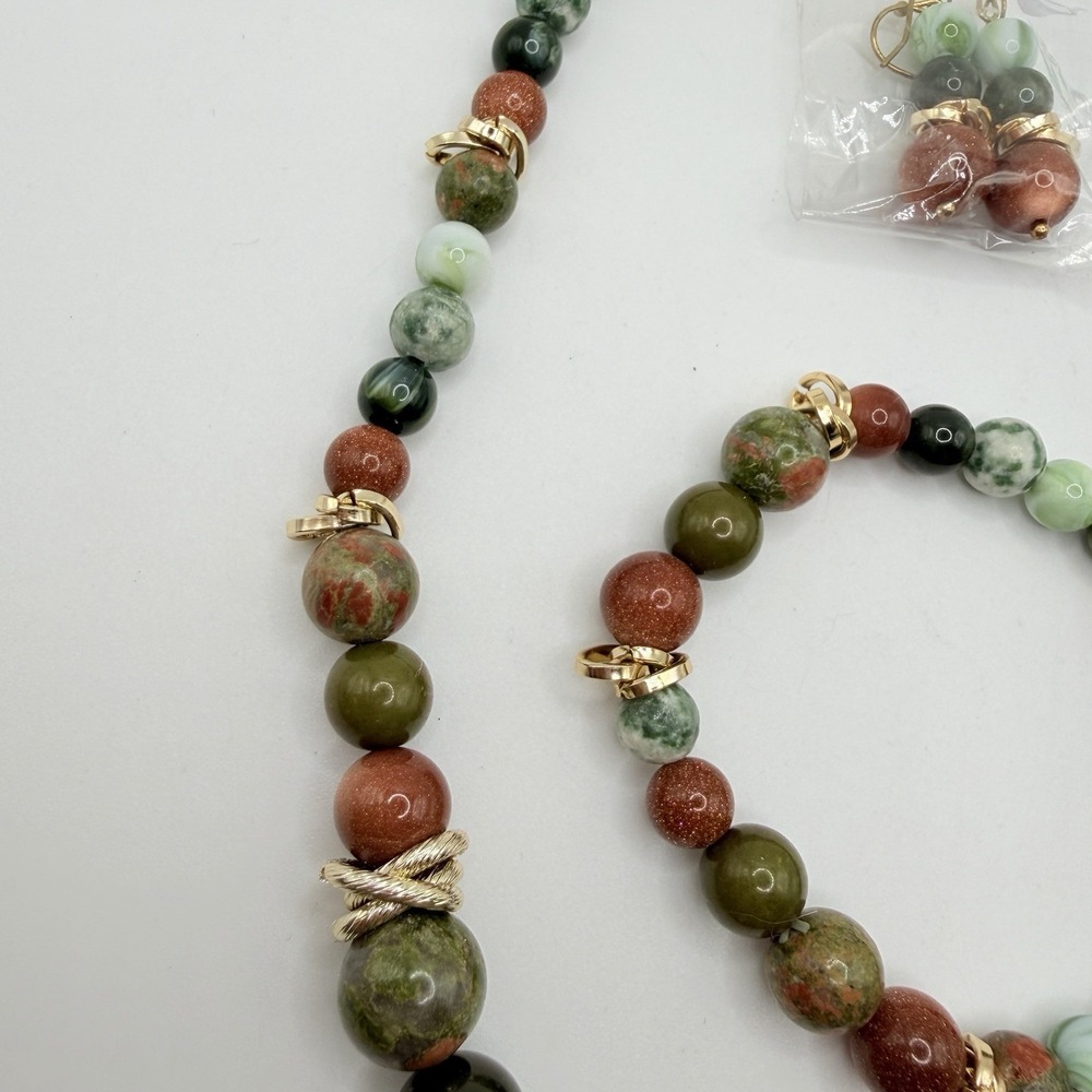 Necklace, Bracelet, Earring Jewelry Set of 3 Beads Green Brown Gold NEW Pierced - Picture 7 of 10